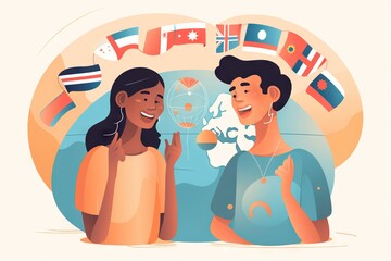 Poster - A Couple Of People Standing Next To Each Other In Front Of Flags Deep Sea Trench Graphic Design Infographic Design Generative AI 