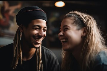 Poster - A Man And A Woman Laughing Together In A Dark Room With A Large Painting Behind Them Hostel Portrait Photography Diversity And Inclusion Generative AI 