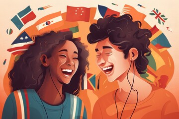 Poster - Two Women Laughing And Listening To Music With Flags In The Background Radio Station Graphic Design Latin American Culture Generative AI 