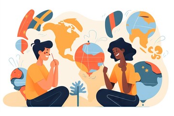 Poster - Two People Sitting On The Ground With A Globe And Balloons In The Background Nordic Ice Floe Graphic Design Diversity And Inclusion Generative AI 
