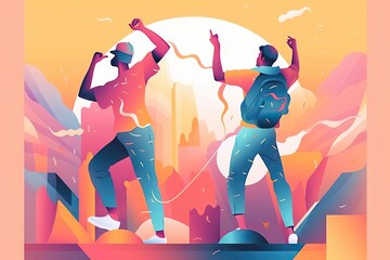 Fototapete - Two People Are Dancing In The Air With Their Arms In The Air Amusement Park Animation Motion Graphics