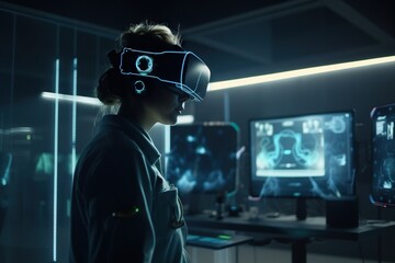 Poster - A Woman Wearing A Virtual Headset In A Room With A Monitor Workshop Stereoscopic Photography Virtual Reality Generative AI 