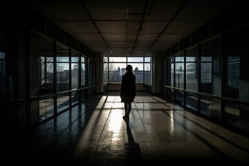Poster - A Person Walking Down A Hallway In A Building With Large Windows Abandoned Warehouse In The Evening Light Documentary Photography Entrepreneurial Finance Generative AI 