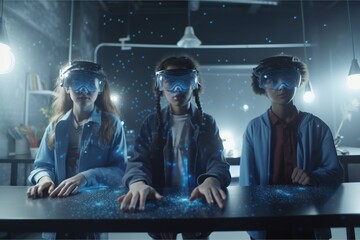 Fototapete - Three People Wearing Virtual Glasses Sitting At A Table In A Room Workshop Advertising Photography Augmented Reality Generative AI 