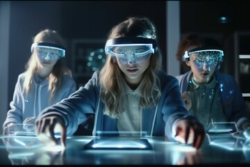 Poster - Three People Wearing Virtual Glasses Looking At A Tablet Screen With A Glowing Screen Workshop Advertising Photography Augmented Reality Generative AI 