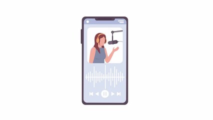 Fototapete - Animated podcast app on smartphone. Audio player on mobile phone. Flat cartoon style icon 4K video footage. Color isolated element animation on white background with alpha channel transparency