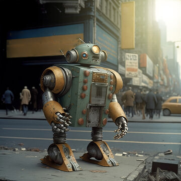 Robot playing in a futuristic city, steam punk, mecanic. Futuristic plot, a old robot in the city.