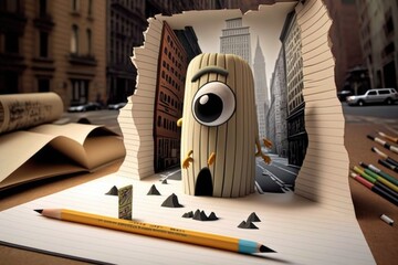Fototapete - A Pencil And A Piece Of Paper With A Cartoon Character On It Library Photorealism Art Modeling