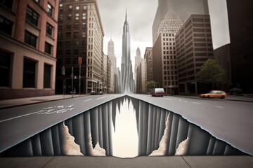 Poster - A Reflection Of A City In A Puddle Of Water On A Street Urban Street Street Art Advertising Design Generative AI 