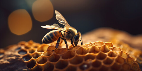 Detailed macro image of a bee collecting honey in a beehive generative ai. Bee on a honeycomb in a hive