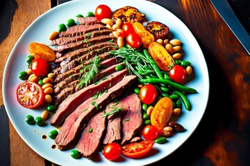 Poster - Large plate with delicate pink flank steak decorated with tomatoes and greens, created with generative ai