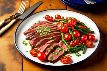 Poster - Large plate with delicate pink flank steak decorated with tomatoes and greens, created with generative ai