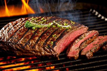 Sticker - Large mouth-watering piece of flank steak roasting on open fire on grill, created with generative ai