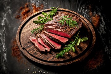 Poster - Juicy pink flank steak decorated with rosemary lying on round wooden board, created with generative ai