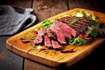 Sticker - Large cut piece of fragrant flank steak on wooden board with vegetables and herbs, created with generative ai