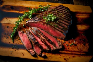 Poster - Large hot flank steak cut into pieces and sprinkled with pepper and herbs, created with generative ai