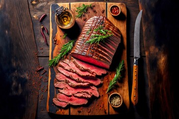 Sticker - Flank steak of weak roasting lies on wooden board next to knife and sauces with greens, created with generative ai