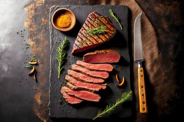 Sticker - Delicious medium-fried flank steak cut with knife on wooden board, created with generative ai