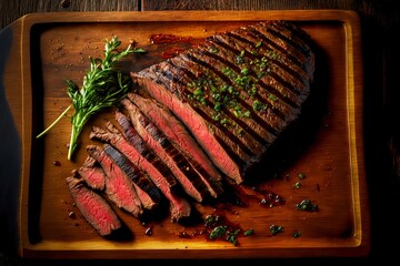 Poster - Delicious flank steak with brown fried crust on wooden board with greens, created with generative ai