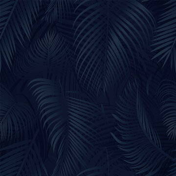 blue palm tree leaves on dark background. tropical palm leaves, floral seamless pattern vector illus