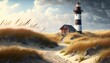 lighthouse along the dune beach. AI generative.