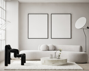 Mockup poster frame on the wall of living room. Luxurious apartment background with contemporary design. Modern interior design. 3D render, 3D illustration.