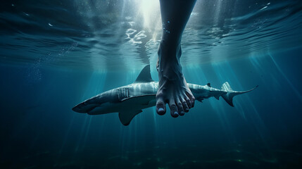 Wall Mural - Shark and human feet in the water. Generative Ai