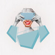 © Марина Демешко - Young woman headed by antique statue with mouth with red lips showing tongue holds mobile phone taking picture on light background. 3d trendy collage in magazine style. Contemporary art. Modern design