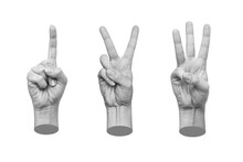 Set Of 3d Hands Showing Gestures Counting One, Two, Three Numbers Isolated On A White Background. Trendy Creative Collage In Magazine Urban Style. Contemporary Art. Modern Design. Hand Signs