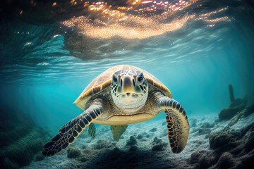 Wall Mural - Sea turtle swimming under water as wildlife illustration (Generative AI)