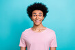 Portrait of surprised funny grimace man smiling wear pink t-shirt interesting chevelure after hairdresser stylist isolated on blue color background