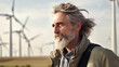 © nenetus - Handsome mature man looking for the horizon while relaxing in the nature of wind mills background. Generative AI