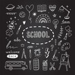 School vector doodles on blackboard. Hand drawn school icons. Cute school clipart