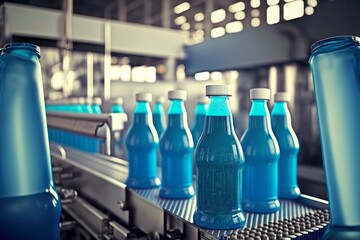 Poster - Row of pet bottles with blue lemonade on conveyor belt, food and drink production, created with generative ai