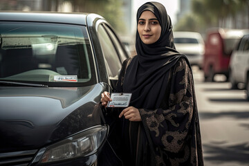 Generative AI Illustration of an Arab woman proudly holding her driver's license in her hands. Concept on the prohibition of driving for Arab women and the liberation of women in Islamic countries