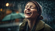 © nenetus - Beautiful and smiling woman enjoying the rain falling on her in the middle of the city. Generative AI