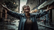 © nenetus - Beautiful and smiling woman enjoying the rain falling on her in the middle of the city. Generative AI