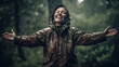 © nenetus - Beautiful and smiling woman enjoying the rain falling on her in the middle of the city. Generative AI