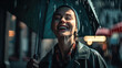 © nenetus - Beautiful and smiling woman enjoying the rain falling on her in the middle of the city. Generative AI