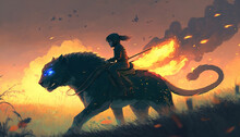 Boy Riding On The Back Of A Panther Through The Fire Meadow