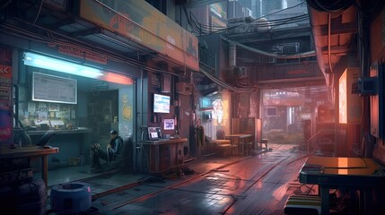 Wall Mural - Dark futuristic city in the style of cyberpunk. Gloomy street with neon lights and glowing billboards. Beautiful night cyberpunk cityscape. Generative AI illustration.