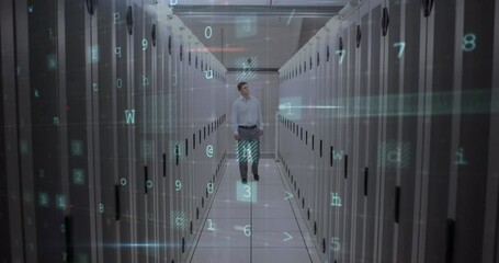Poster - Animation of virus scanning and caucasian man checking servers