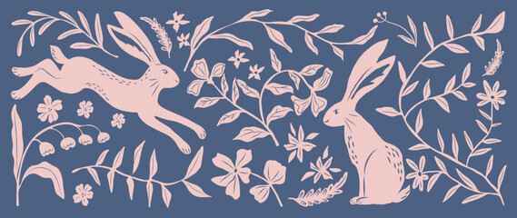 Abstract natural hand drawn pattern design with pink rabbit, flower, leaves. Simple contemporary style illustrated Design for fabric, print, cover, banner, wallpaper.