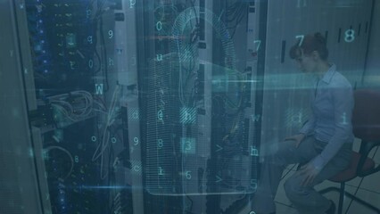 Poster - Animation of cyber attack text and data processing over caucasian female it technician by server