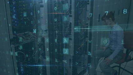 Poster - Animation of cyber attack text and data processing over caucasian female it technician by server