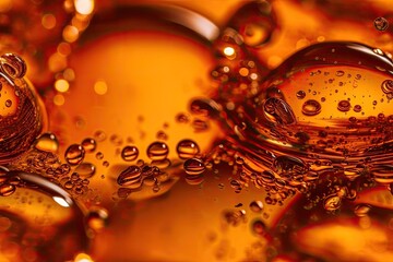 Poster - Bubble filled oil drips on a yellow background. Detail about cosmetic oil serum. Abstract flowing texture in orange color. Generative AI