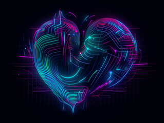Heart love abstract neon style illustration on black background. Generative AI