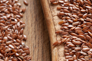 Flax seeds. Flax seeds on a wooden board close-up. Omega 3. Healthy food