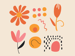groovy abstract flower art set. organic doodle shapes in trendy naive retro hippie 60s 70s style. co