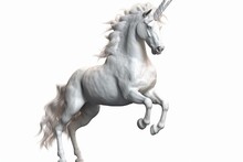 White Unicorn Rearing Up On Hind Legs. Fairytale Creature 3d Illustration Isolated On Transparent Background. Generative AI